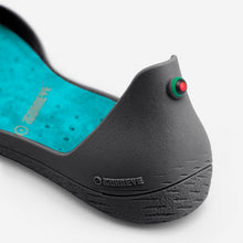 Load image into Gallery viewer, Freshoes Charcoal Grey with the Suede leather insoles Turquoise Blue close up view
