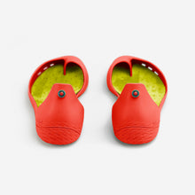 Load image into Gallery viewer, Freshoes Pepper Red with the Suede leather insoles Yellow Green rear view
